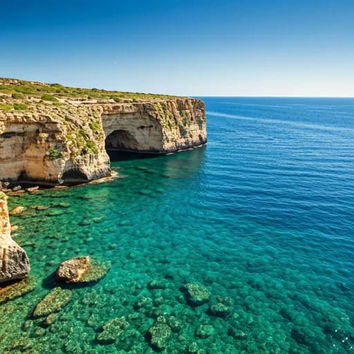 Coastal limestone formations of Gozo with clear turquoise Mediterranean water