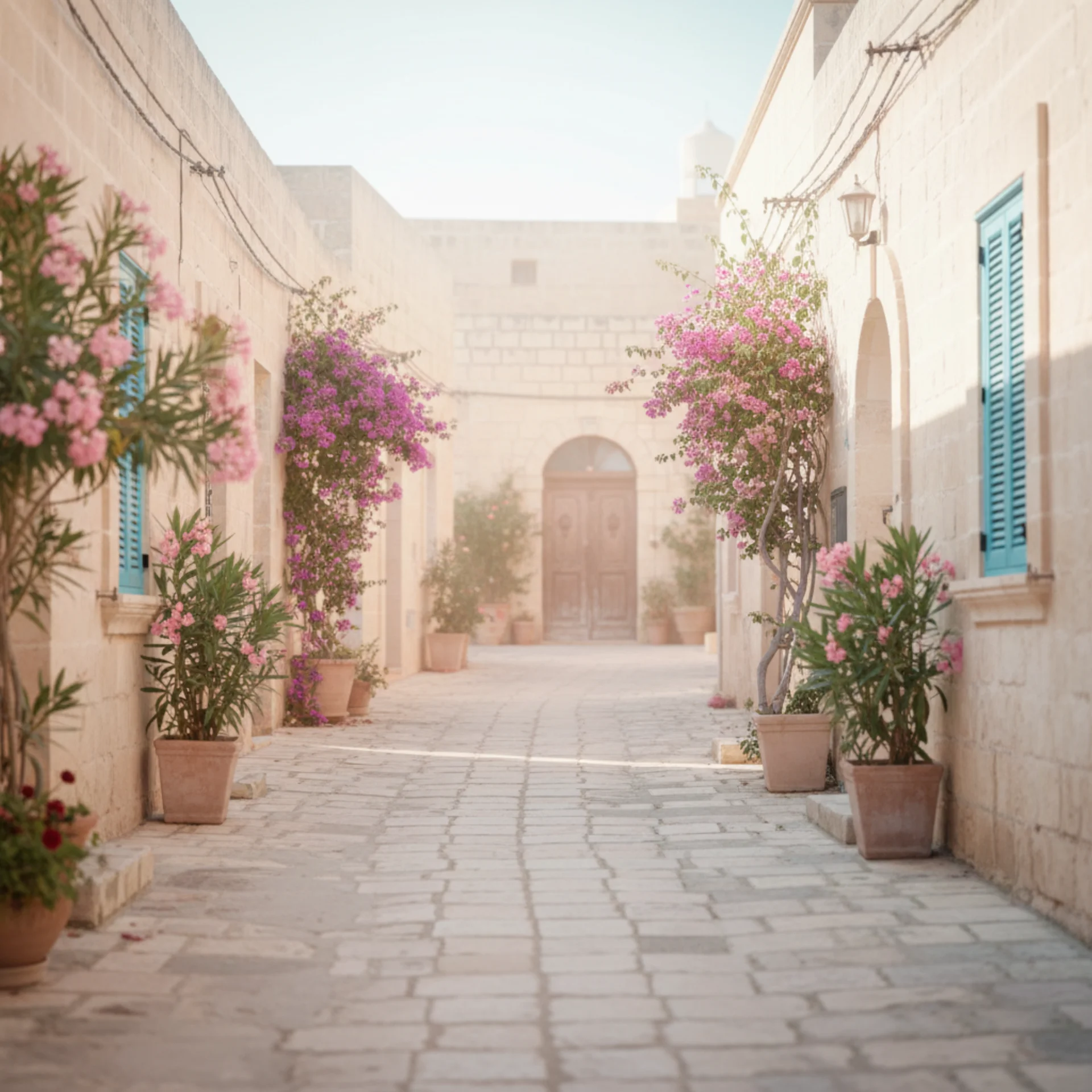 Sunlit Gozitan village street with traditional limestone houses, oleander and bougainvillea in terracotta pots, and warm afternoon light