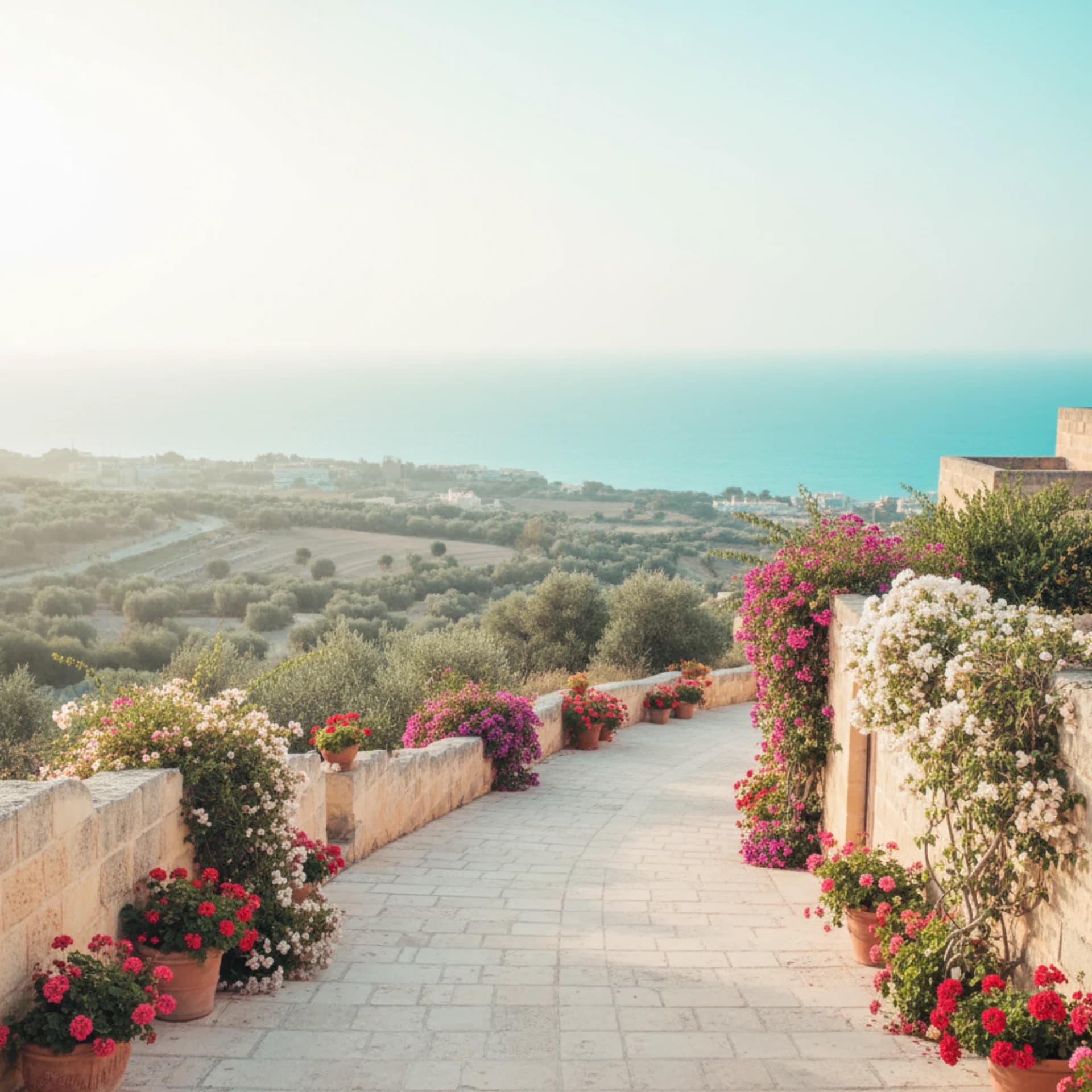 Serene pathway through a sunlit Maltese hilltop village with limestone walls, bougainvillea, and olive groves rolling toward the turquoise Mediterranean