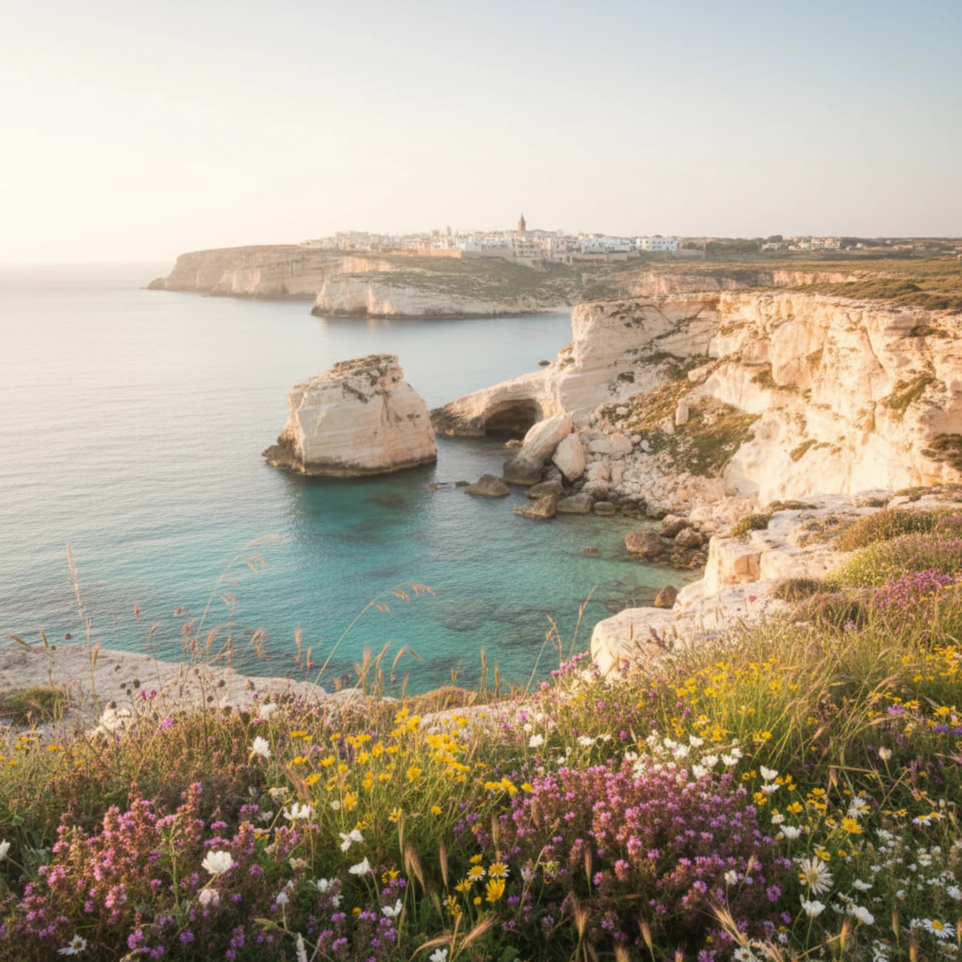 Panoramic view of Malta's Mediterranean coastline with turquoise water and white limestone cliffs