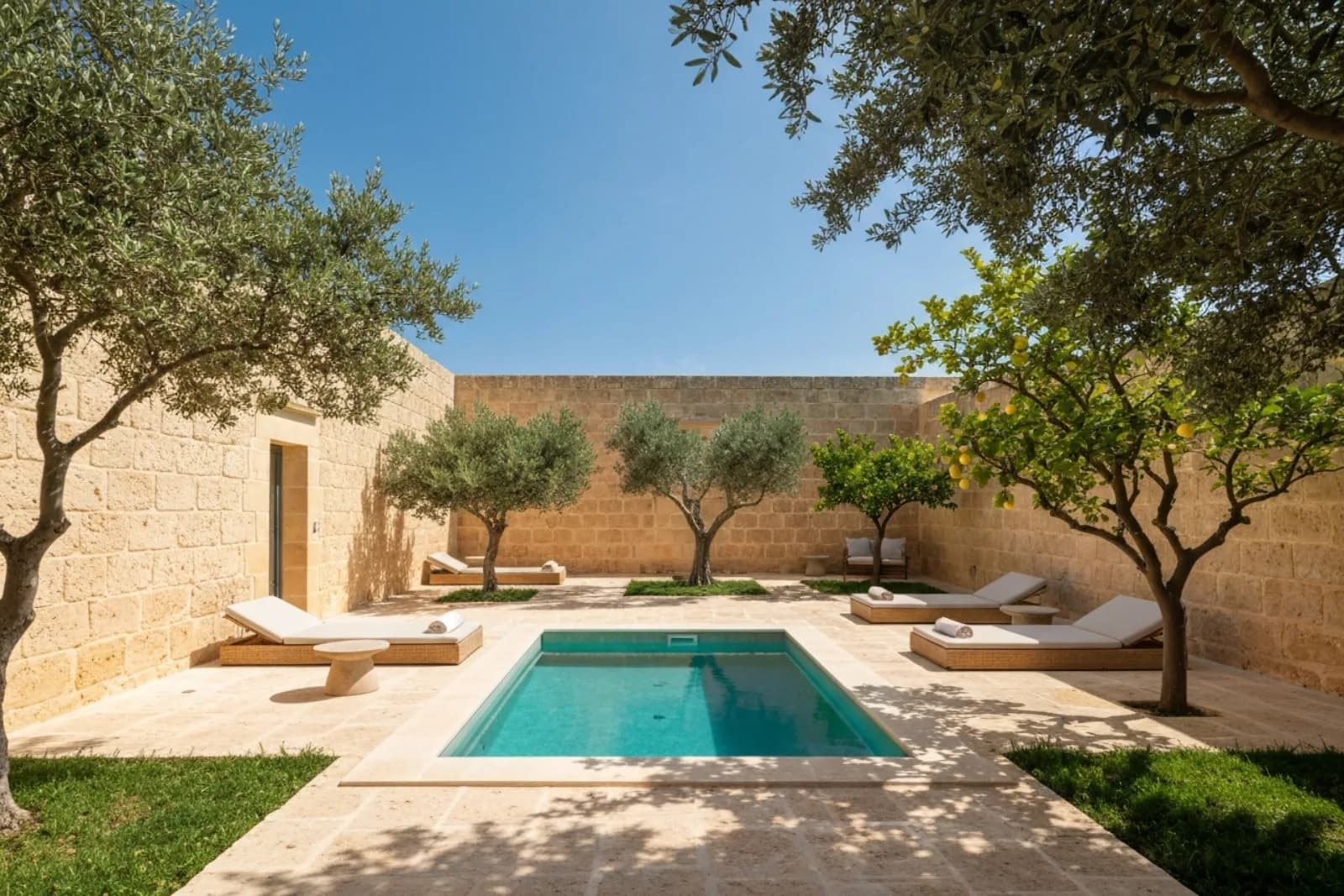 Serene pool courtyard with olive and lemon trees, sun loungers at Amchara Gozo, ideal for retreats in Gharb, Gozo.