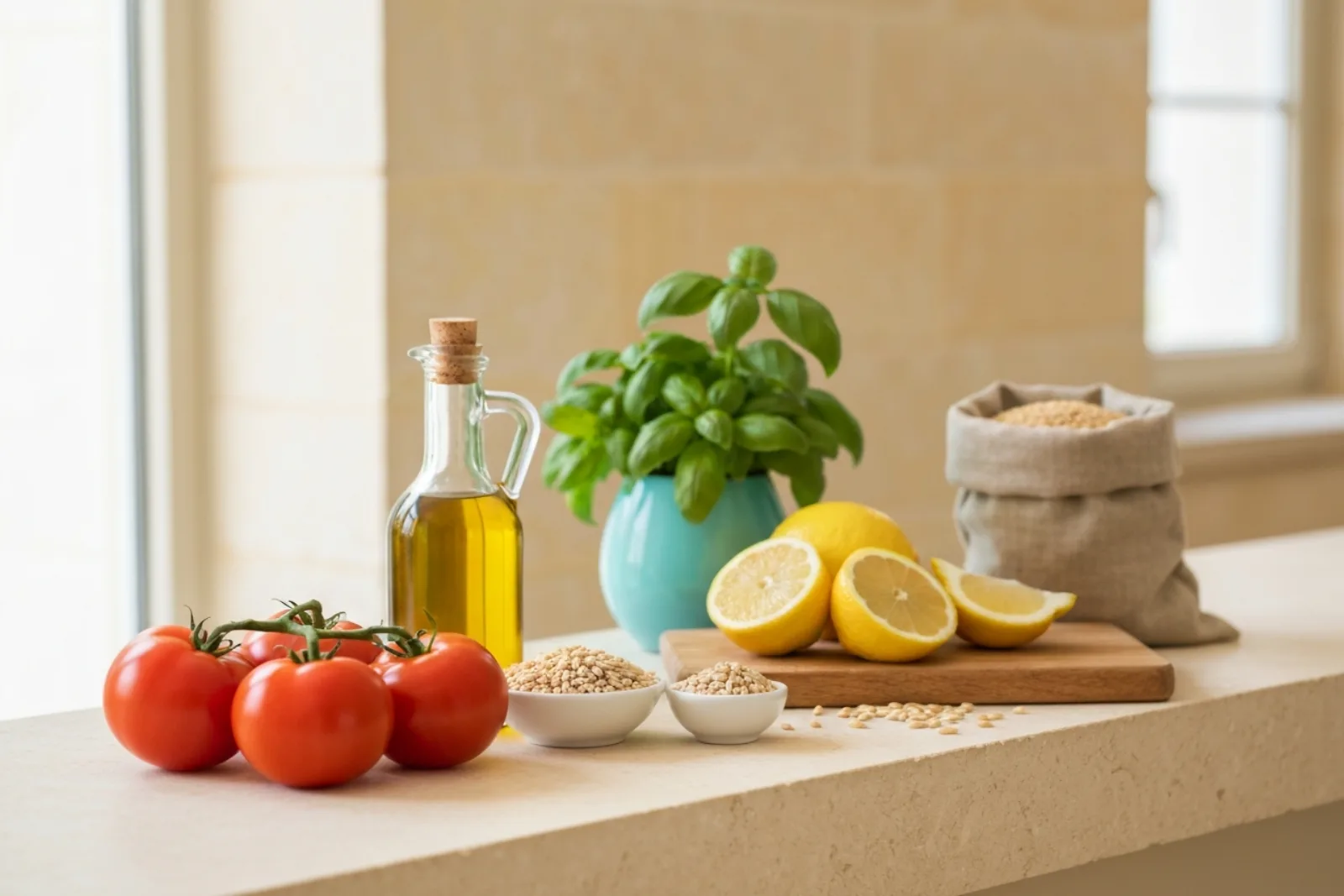 Fresh ingredients like tomatoes, olive oil, basil, lemons, and grains for healthy nutrition and dietetics in Luqa, Malta.