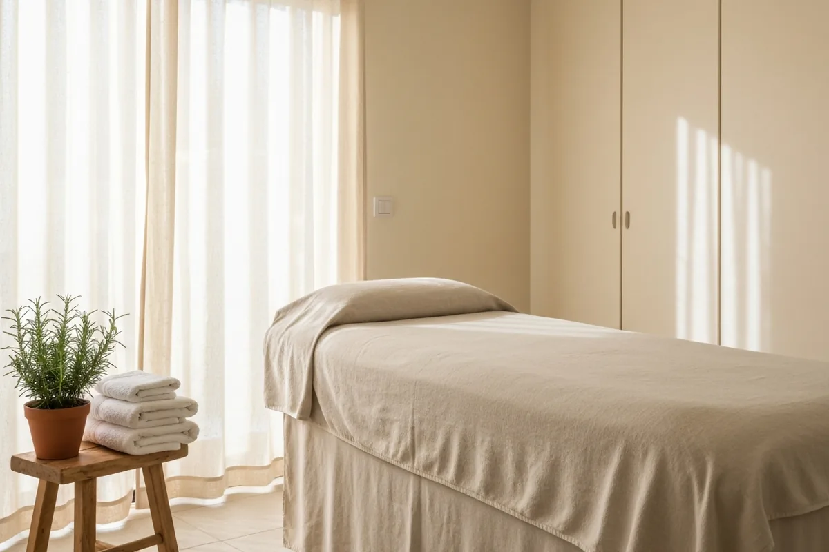 Warm therapeutic massage treatment room with a linen-draped massage bed, a wooden stool with folded towels, and soft natural light through a sheer curtain — Be Well Feel Well Malta in Żejtun