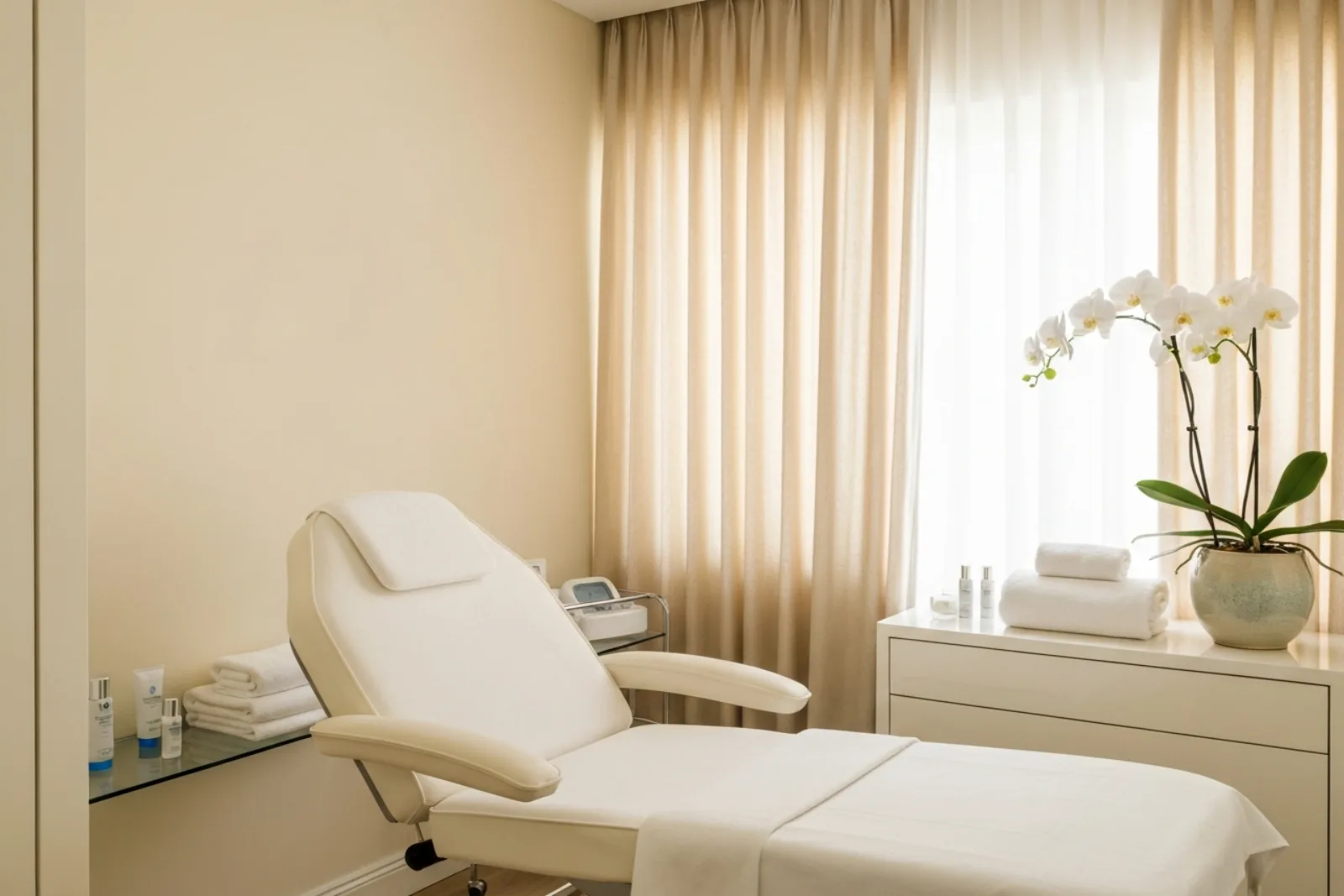 Modern aesthetic room at Carisma Aesthetics St Julian's Malta with white bed, products, and orchid, ready for beauty...