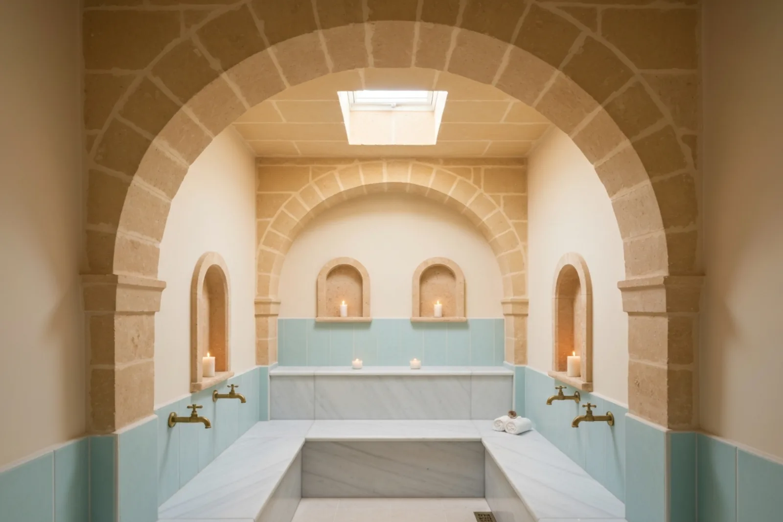 Carisma Spa & Wellness Floriana, Malta: beautiful hammam with stone arches, marble benches, brass taps, and candles for...