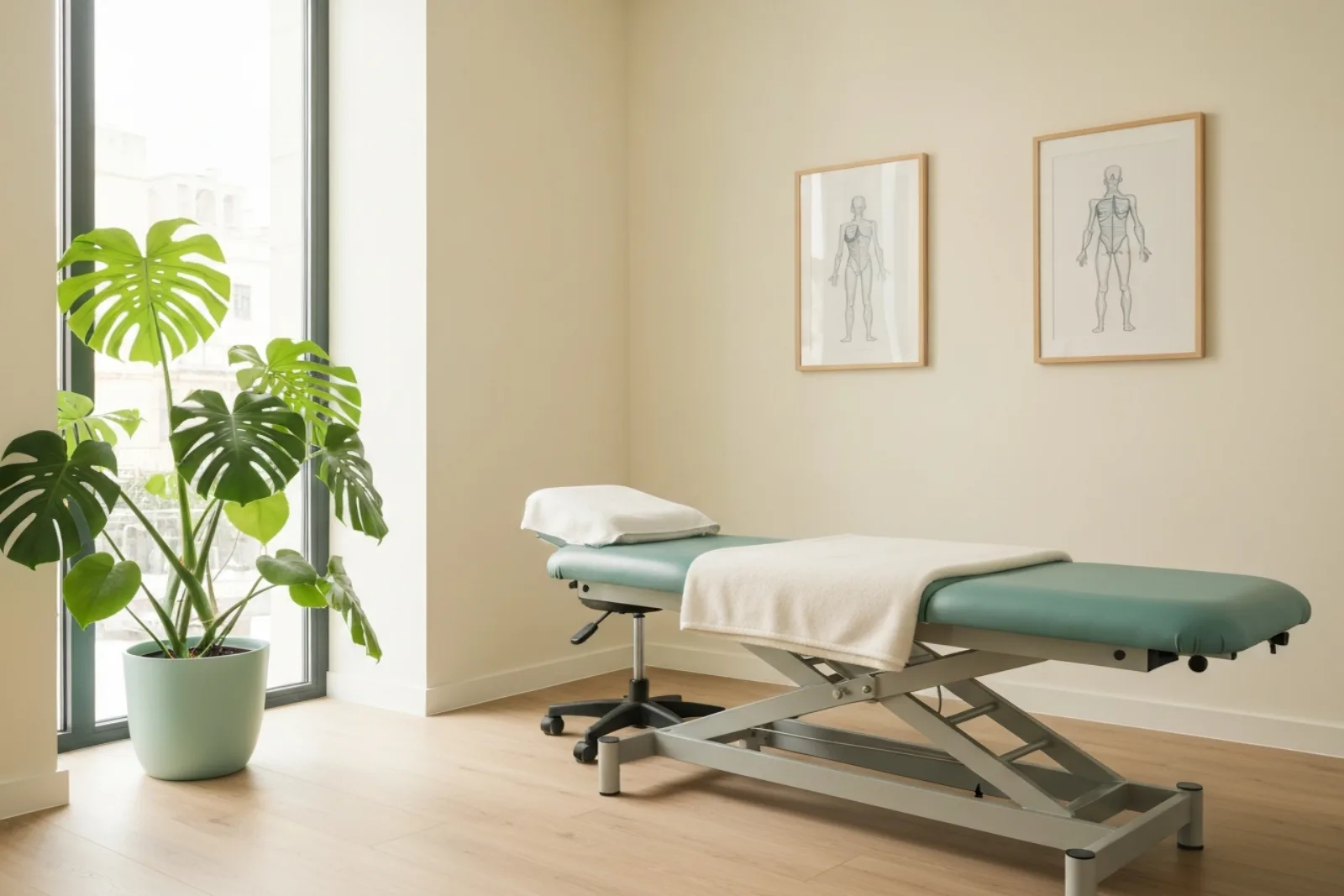 Bright St Julian's chiro alternative therapy room in Malta with a green treatment bed, plant, and anatomy art.