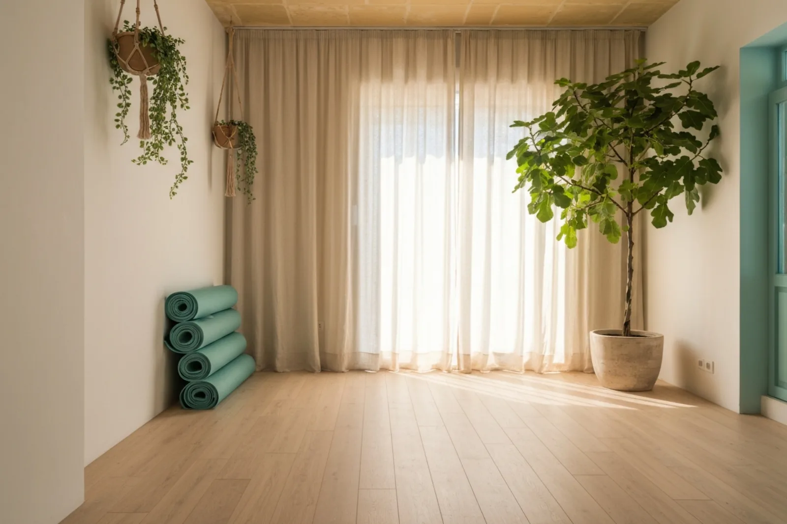 Claire Yoga Malta studio in Mosta with light wooden floors, teal yoga/pilates mats, hanging plants, and an arched window.