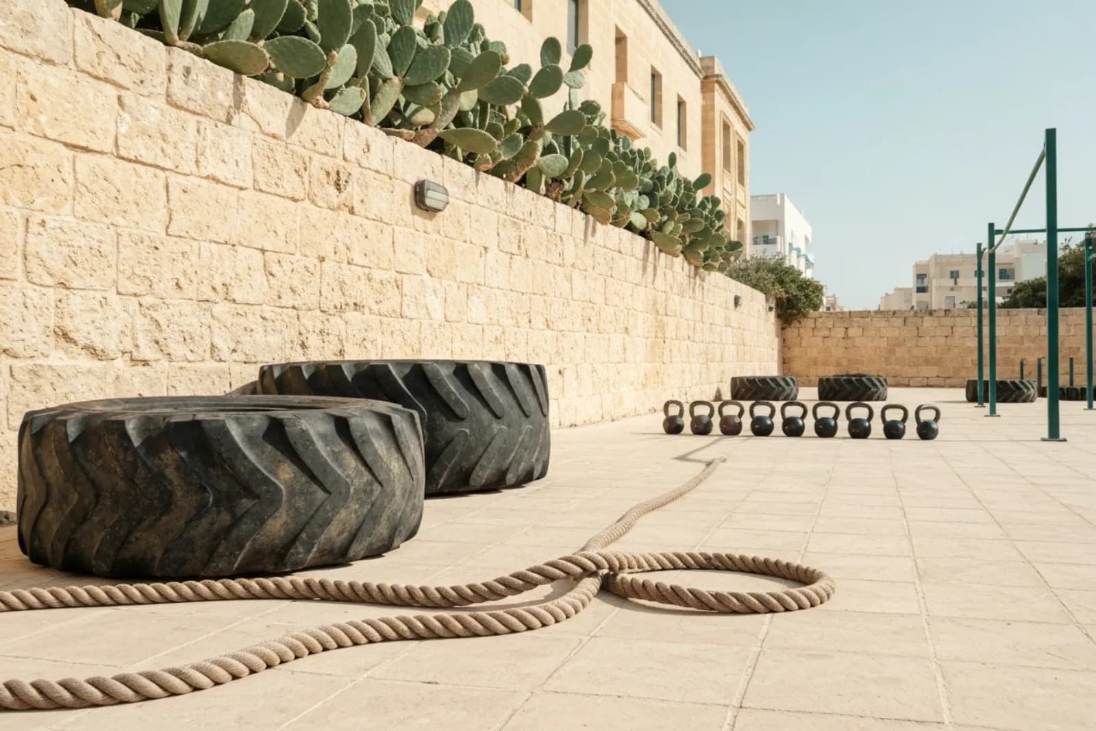 Fort Fitness outdoor gym in Sliema, Malta, with large tires, battle ropes, and kettlebells against a traditional stone wall.