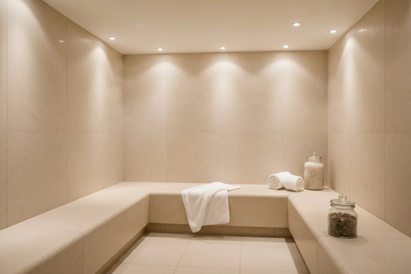 Serene beige-tiled spa relaxation area with U-shaped benches, white towels, and bath salts jars, a top wellness centre in...