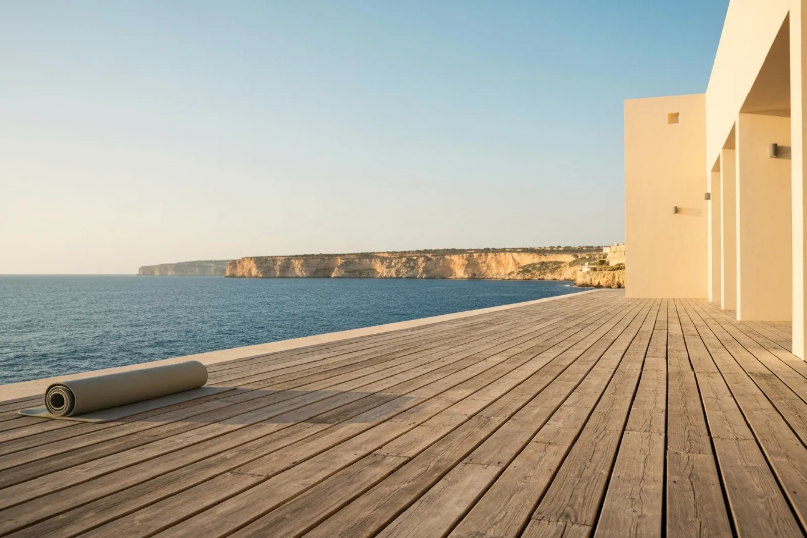 Rolled yoga mat on a sunny wooden deck overlooking the Mediterranean Sea and cliffs, ideal for yoga and pilates in...
