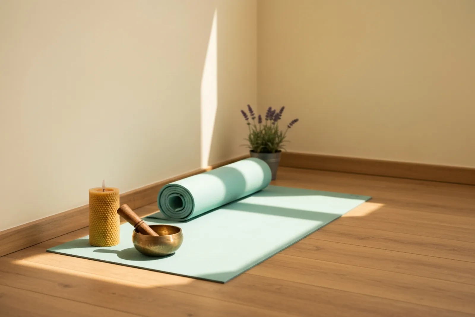 Bright Sliema entryway at Island Yoga Malta, Malta, with rolled yoga pilates mats in a basket and a shoe rack.