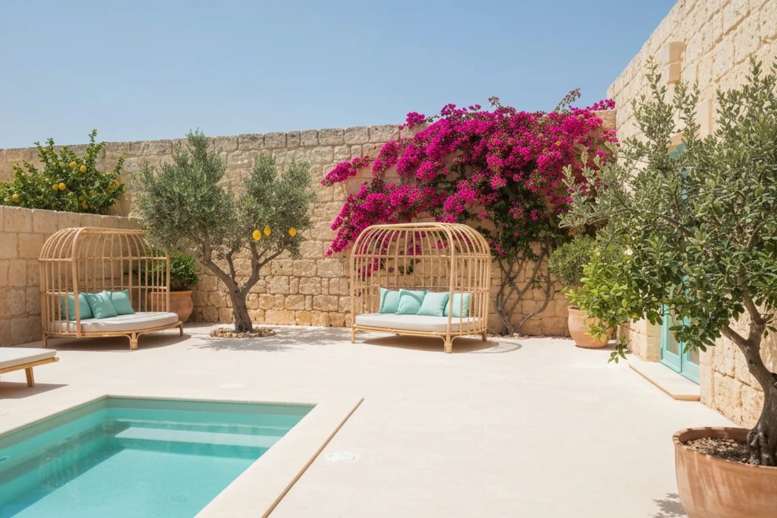 Teapot and fruit on a balcony overlooking the turquoise sea at L'Gharix Temple Retreat, luxury retreats in Xaghra, Gozo.