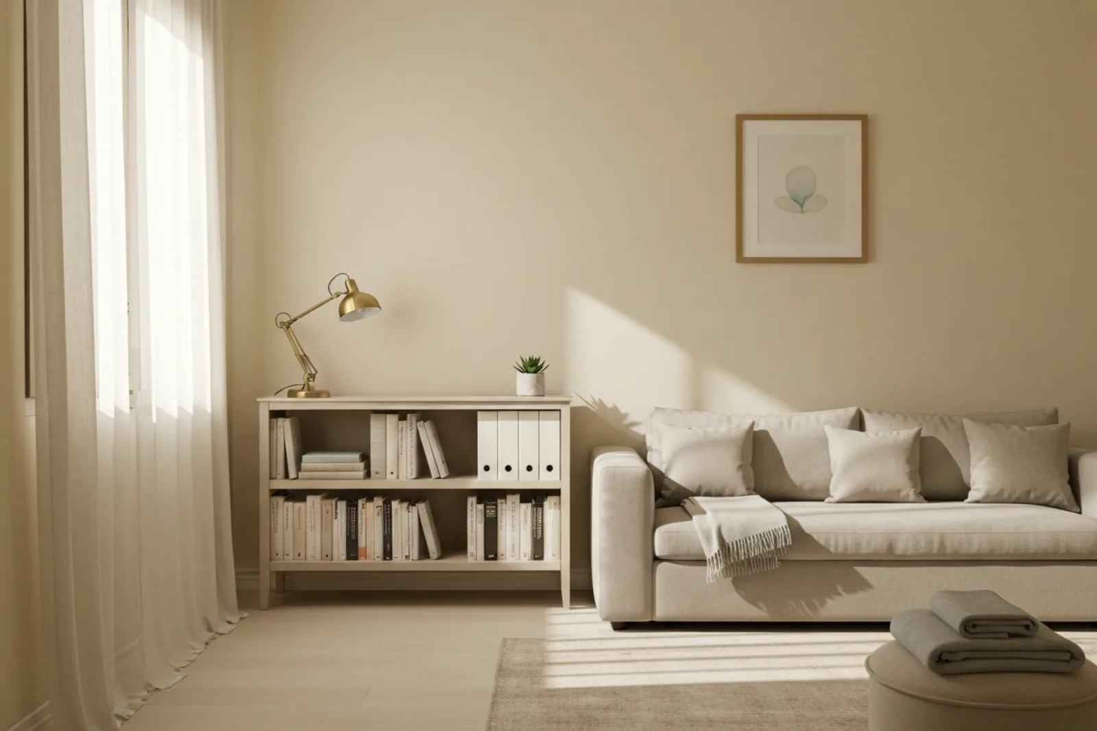 Bright, modern room with a curved sofa, olive tree, and books, providing a calm setting for mental health in Mosta, Malta.