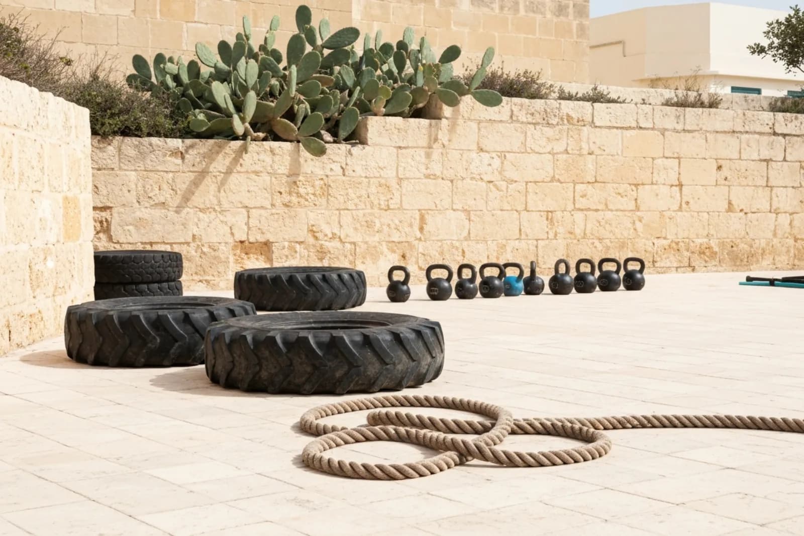 Malta Fight Co. outdoor fitness gym in Sliema Malta with battle ropes, tires and kettlebells against a stone wall and cactus.