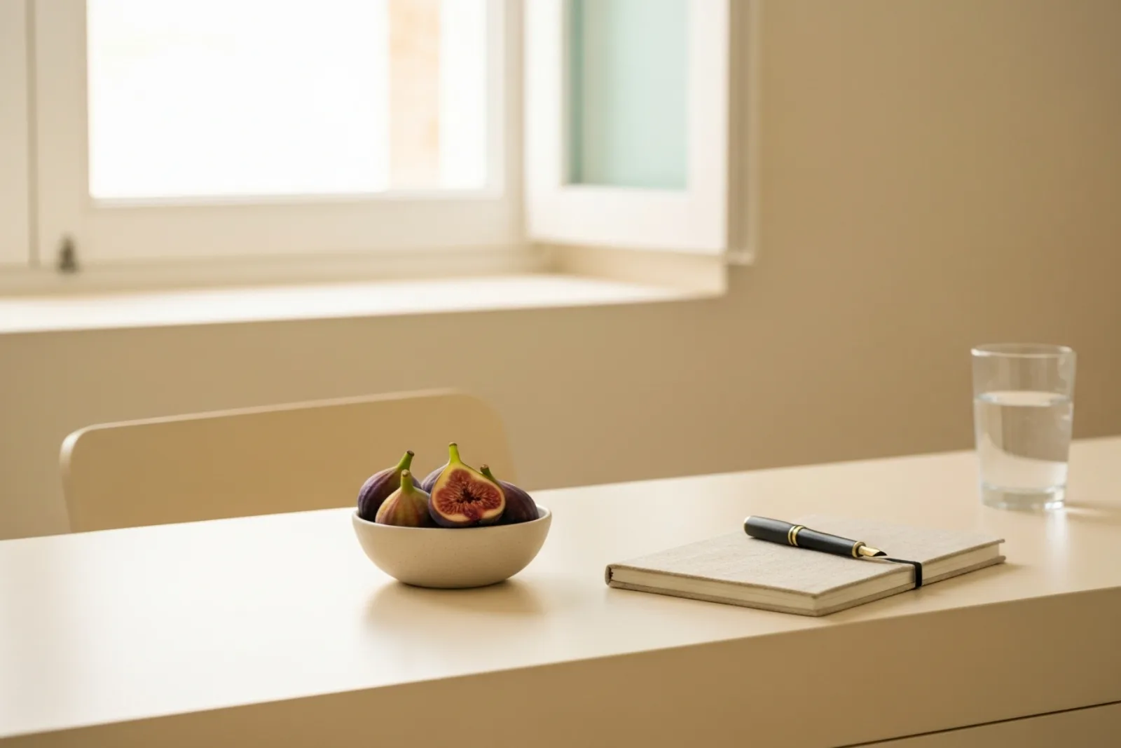 Bowl of fresh figs, notebook, and water on a desk at a nutrition and dietetics clinic in Victoria, Gozo.