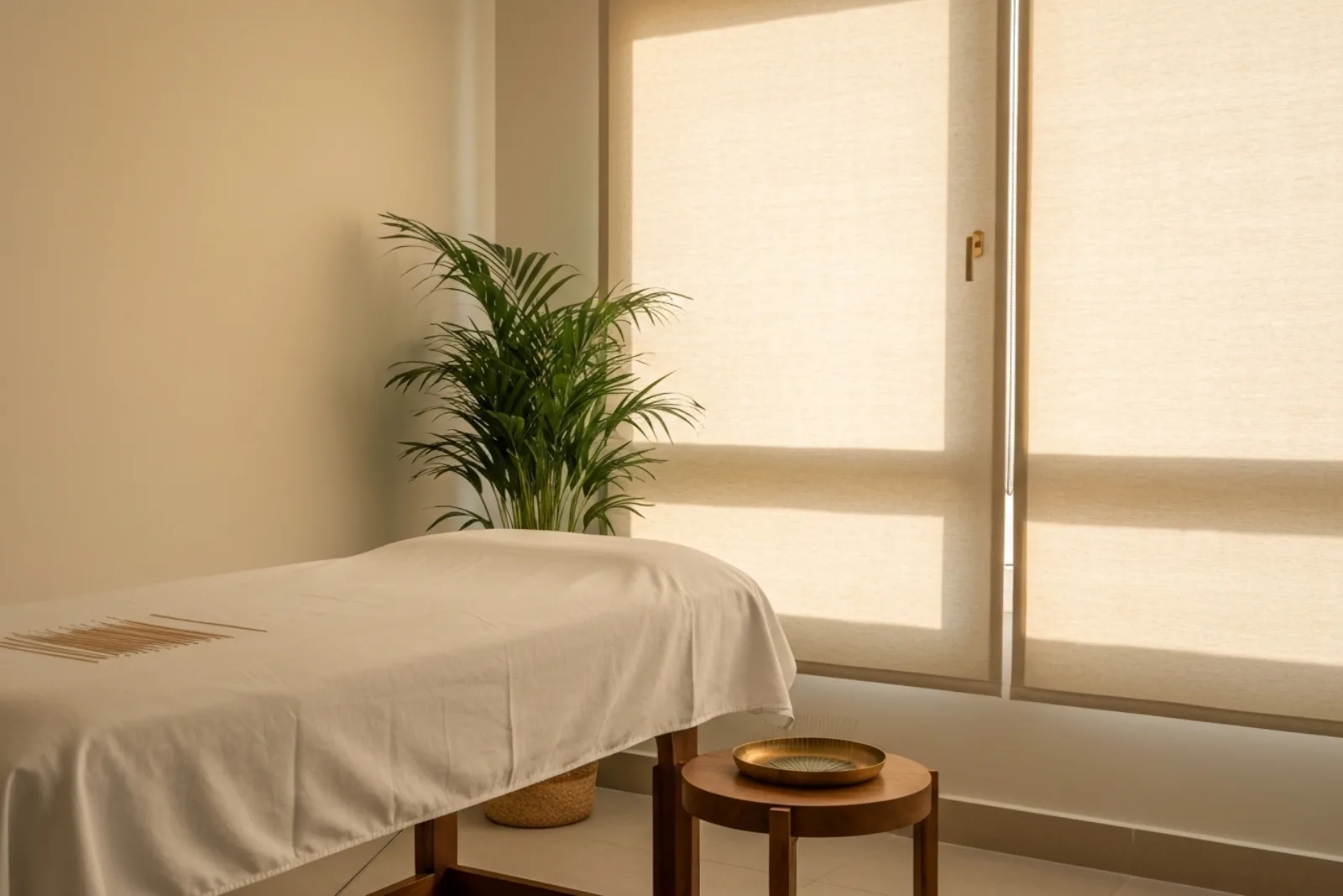 Serene alternative therapy room in Msida, Malta, featuring a treatment bed, lit candles, dried herbs, and a mortar and...