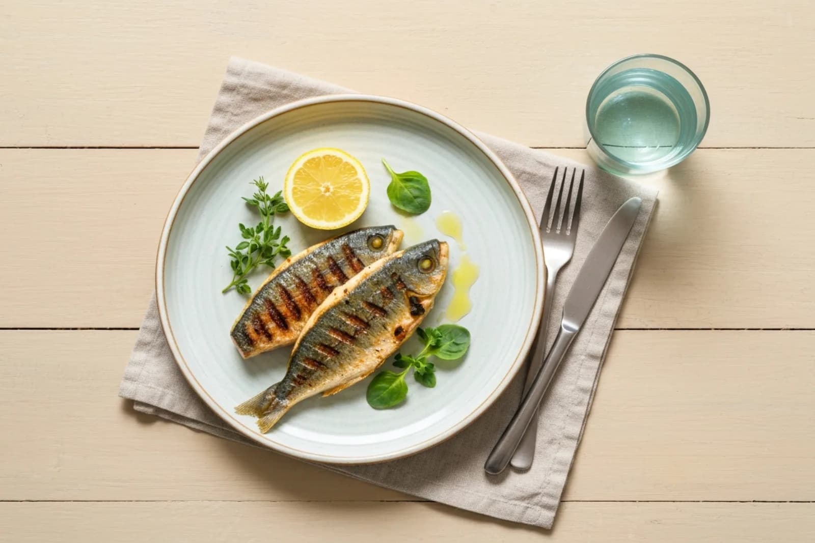 Two grilled fish on a plate with lemon, a healthy meal for a nutrition and dietetics plan in Gzira, Malta.
