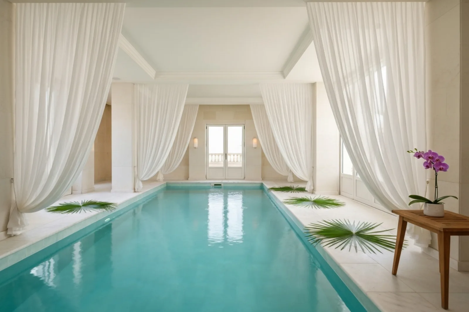 Indoor pool with white drapes at Myoka Five Senses Spa, a luxury choice for spas and wellness centres in Sliema, Malta.