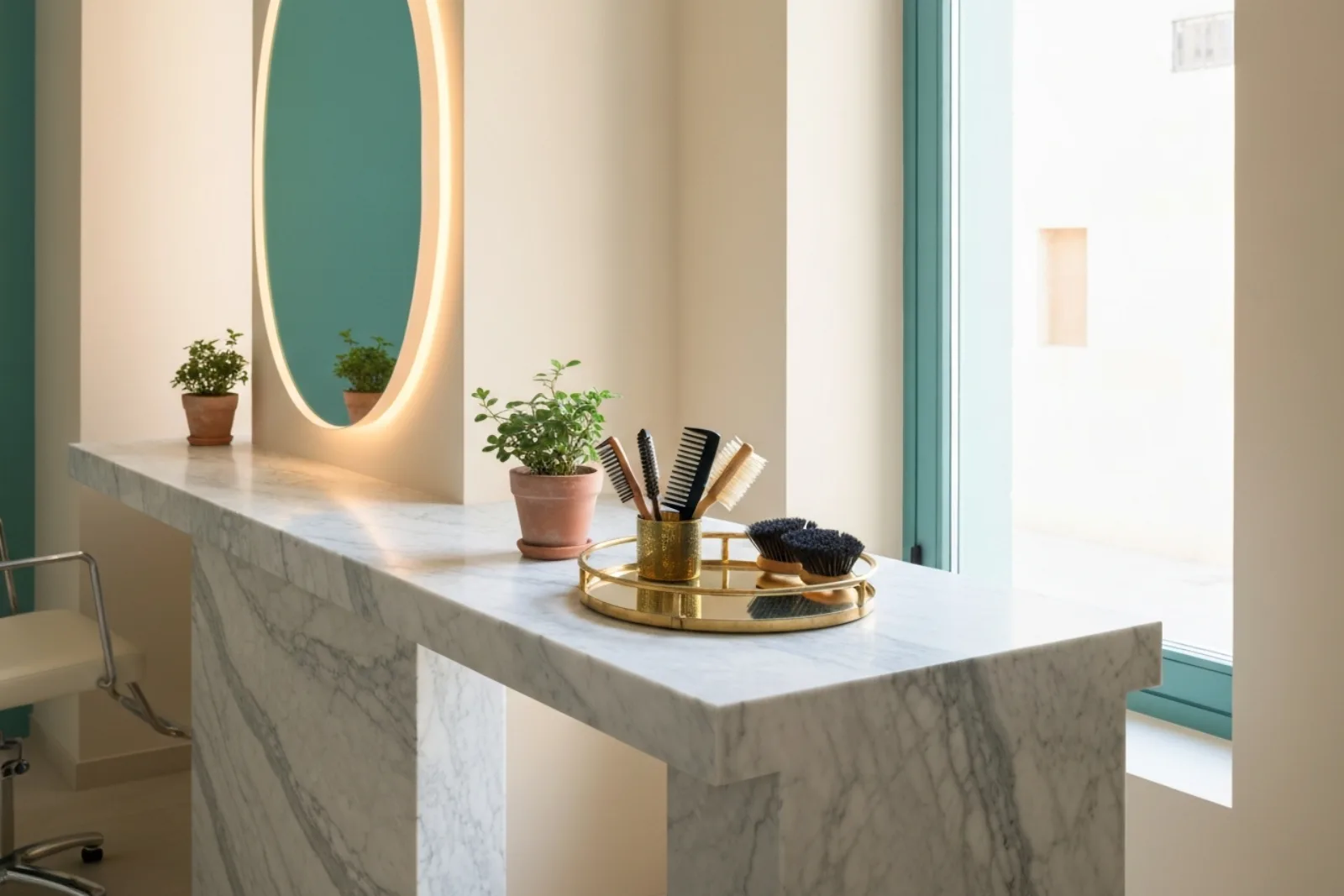 Stylish marble counter with hairbrushes and backlit mirror for beauty treatments in Birkirkara, Malta.