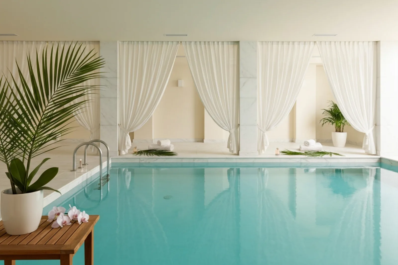 Serene indoor spa pool at Oriental Thai Spa, Sliema, Malta, featuring sheer white curtains, plants, and folded towels for...