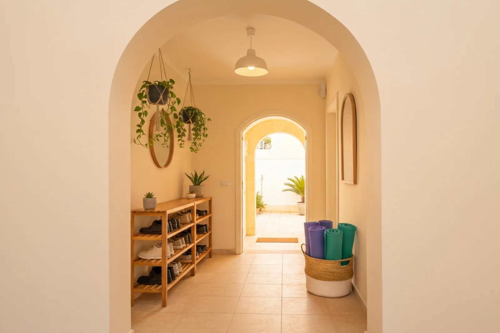 Bright Pilates & yoga studio in Attard, Malta, with a white reformer, arched window, and hanging plants.