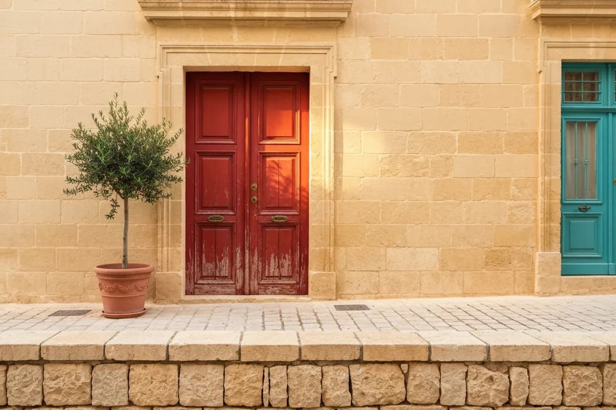 Weathered red wooden door set into pale Maltese limestone facade with warm afternoon Mediterranean sunlight — The Red Door Clinic in Mellieħa