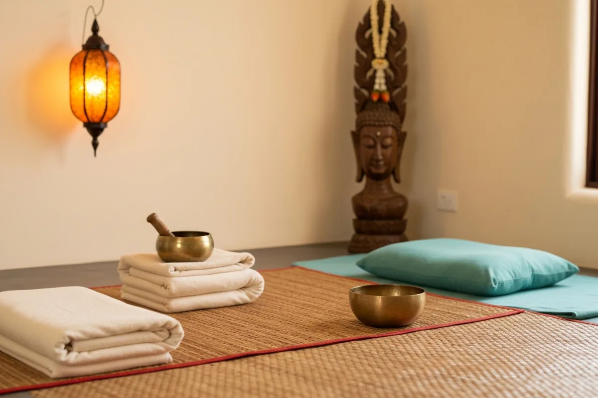 Serene Thai massage room with traditional woven floor mat, folded cotton linens, small brass singing bowl, and a decorative Thai carving — Siam Wellness Centre in Paceville, Malta