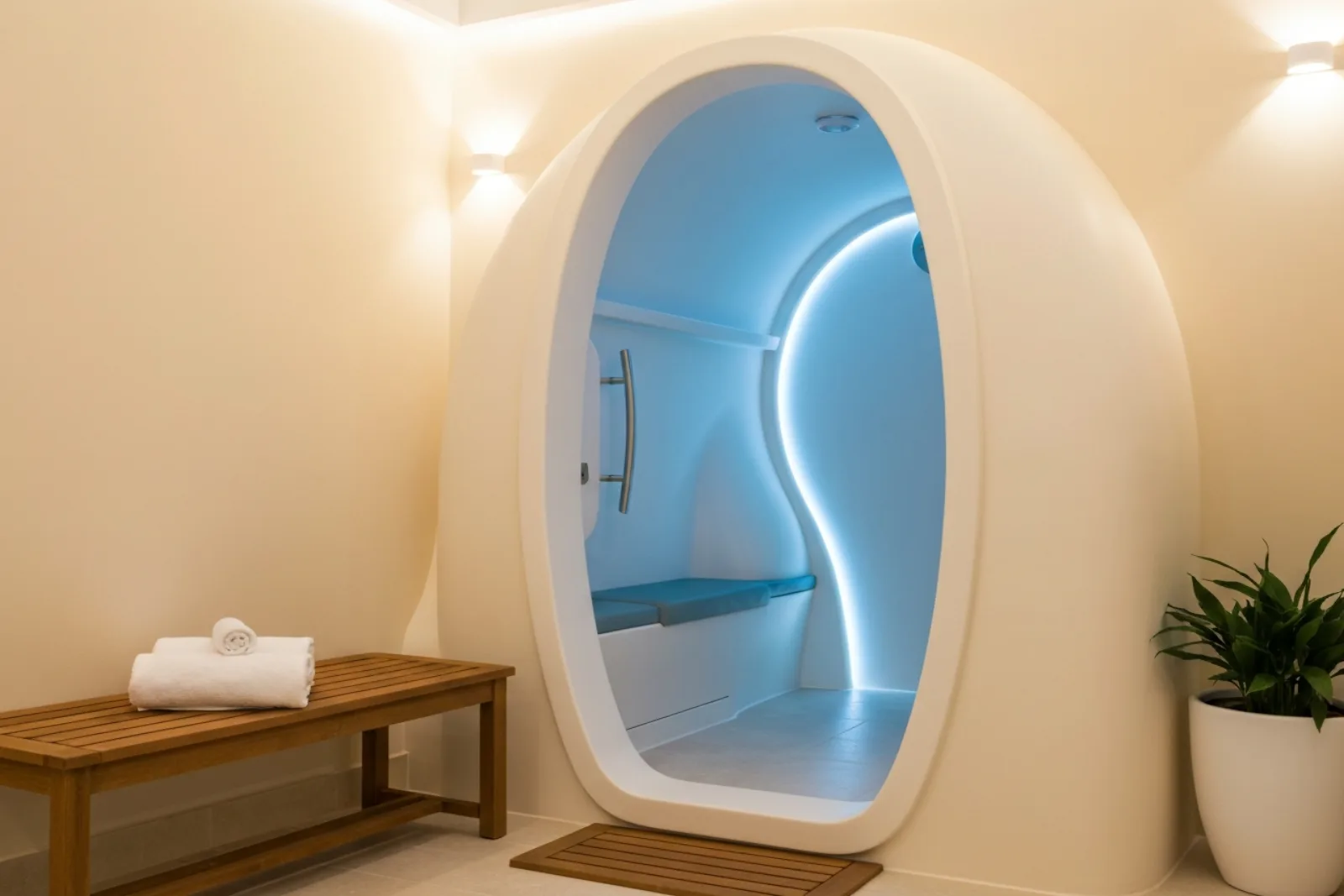 Modern egg-shaped float therapy pod with blue light and wooden bench at Stress Free Center in Victoria Gozo.