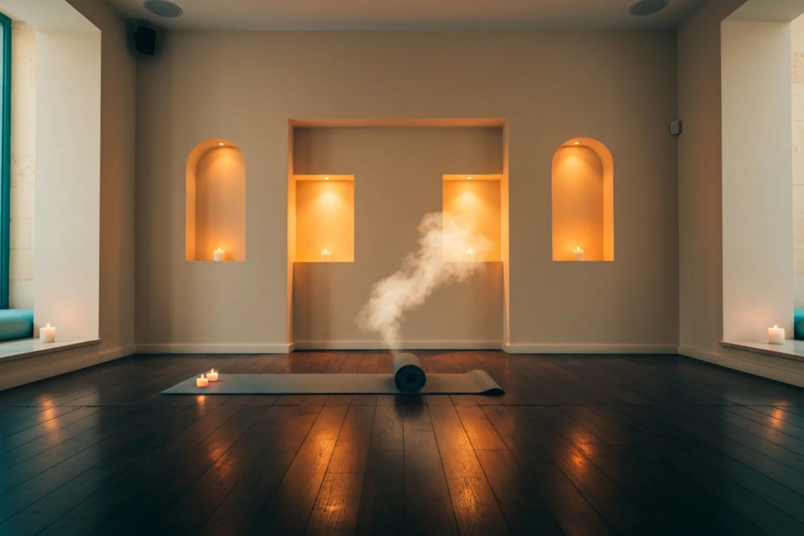 Teal mat, singing bowl, lavender, and candle on a wooden floor for yoga and pilates in St Julian's, Malta.