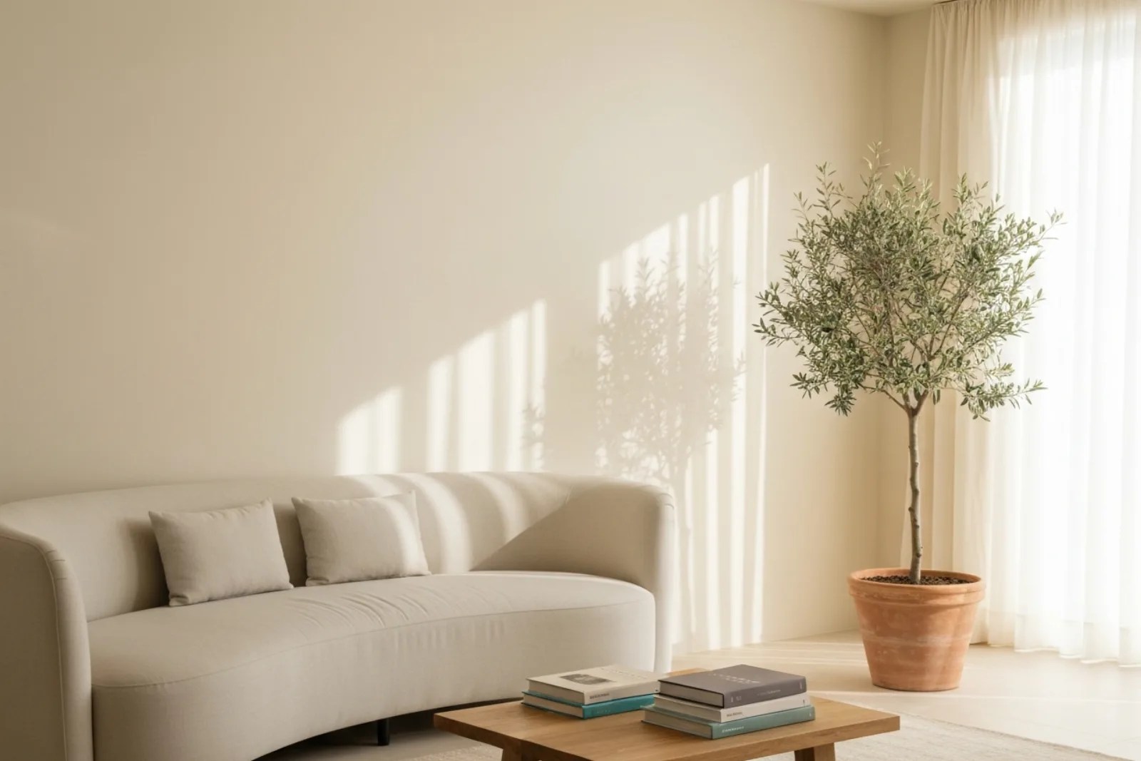 Bright mental health therapy room in Attard, Malta with a beige sofa, wooden table, and sunlit potted olive tree.