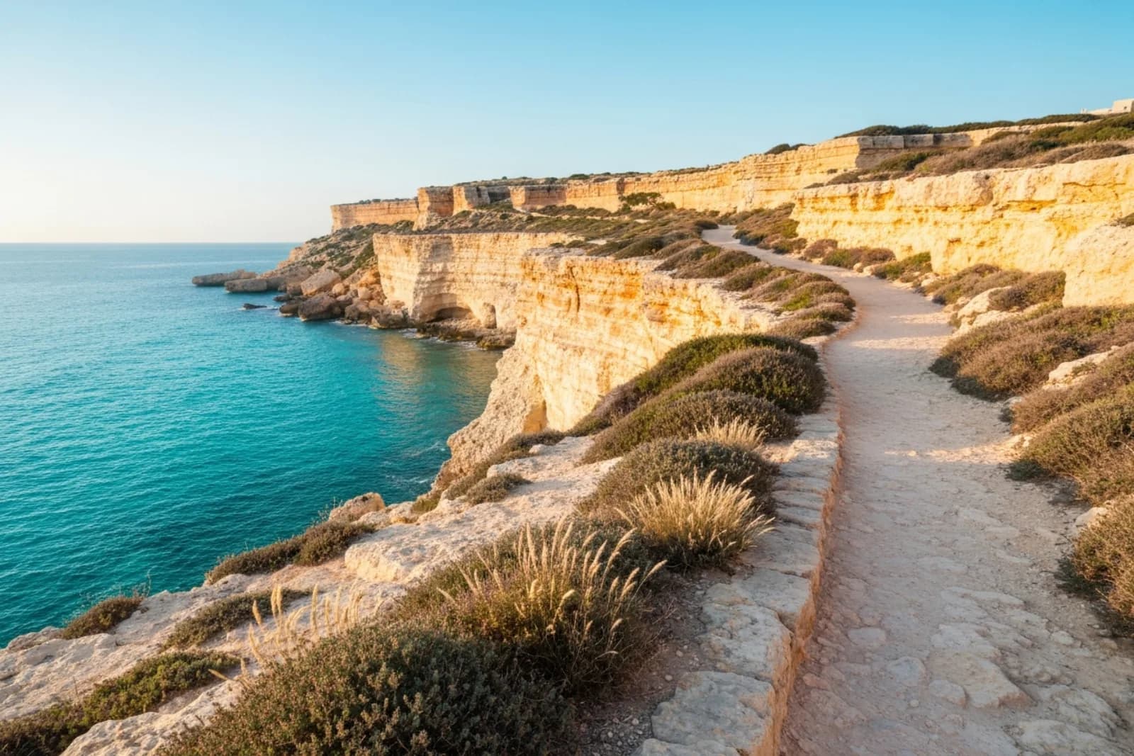 Scenic coastal stone path along golden cliffs and turquoise sea for outdoor wellness and yoga in Sliema, Malta.