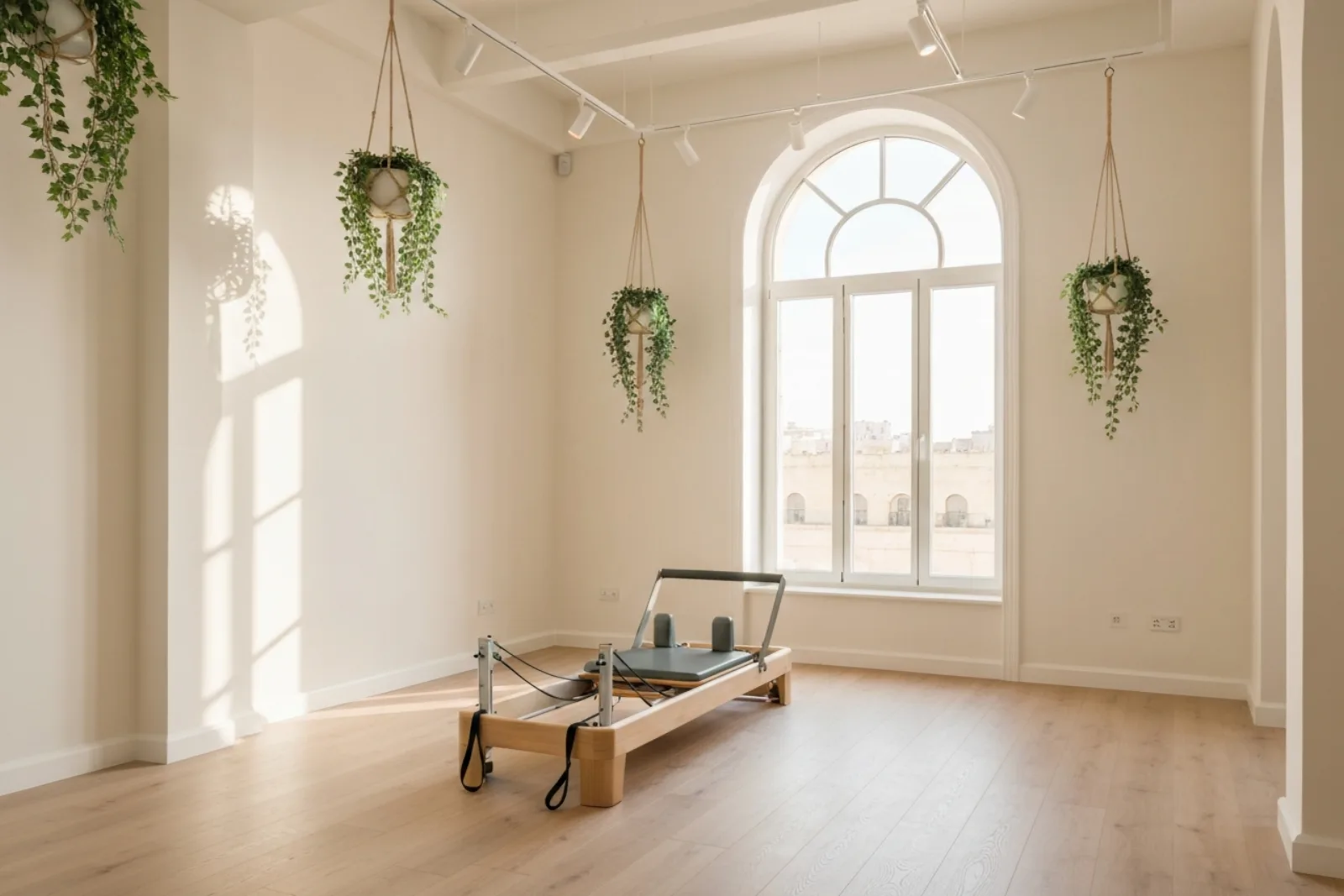 Bright, welcoming entrance to a yoga pilates studio in Gzira, Malta, with teal yoga mats, archway, and light green doors.