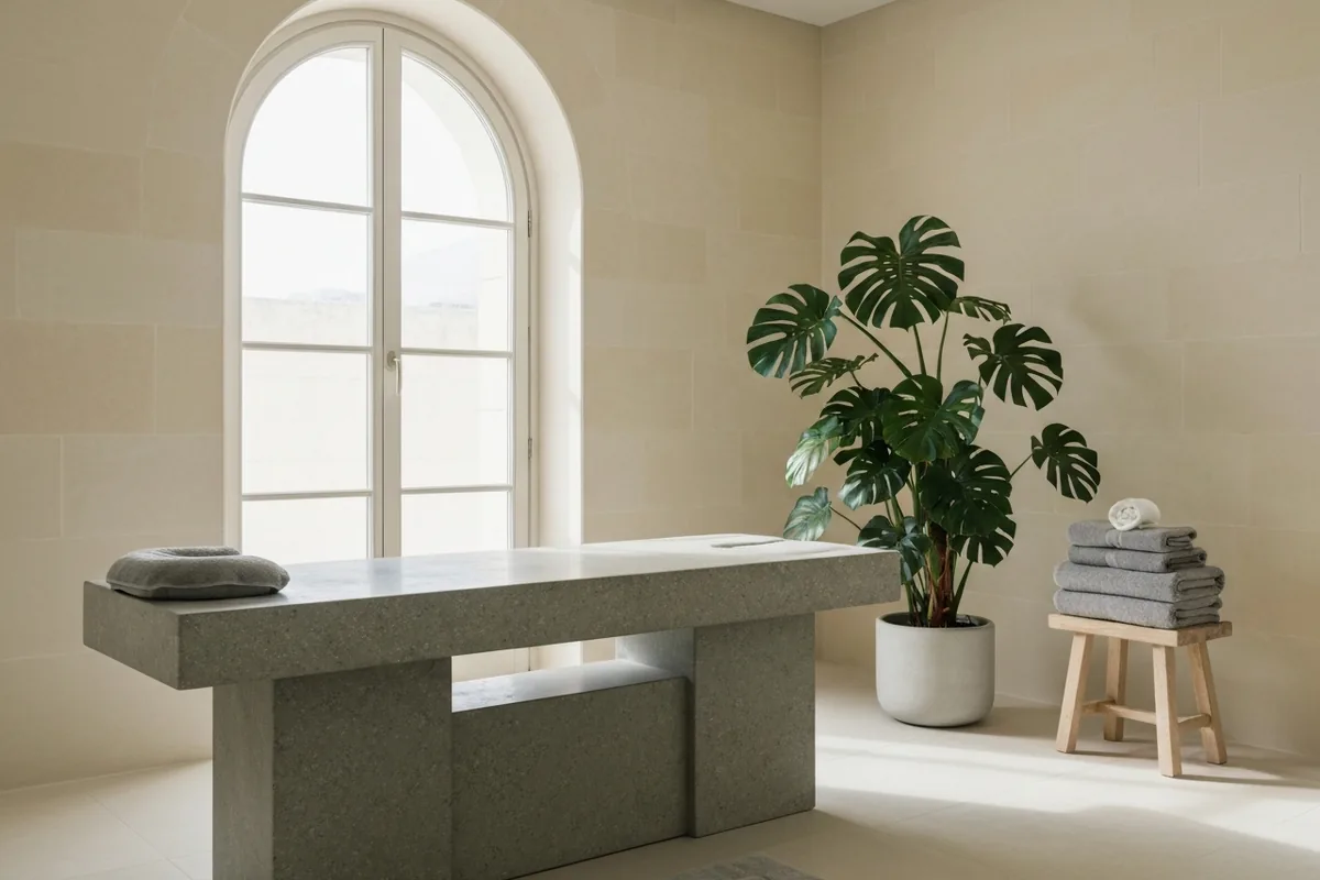 Modern recovery treatment room with a stone massage bed, neatly folded towels on a wooden stool, and a green potted monstera catching afternoon sunlight — Yue Recovery Massage in Naxxar, Malta