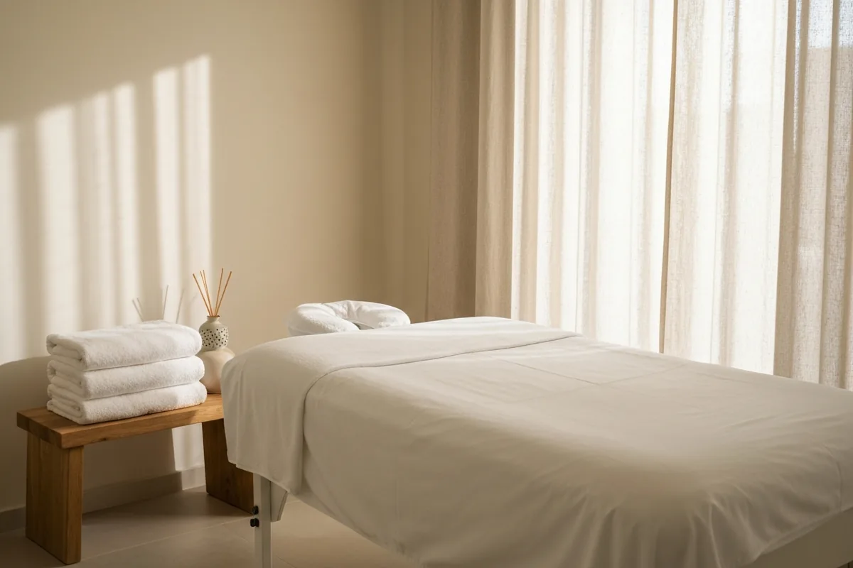 Warm minimalist massage treatment room with a freshly made bed, folded cotton towels, and soft Mediterranean daylight at Zenshin Massage Malta in Marsaskala