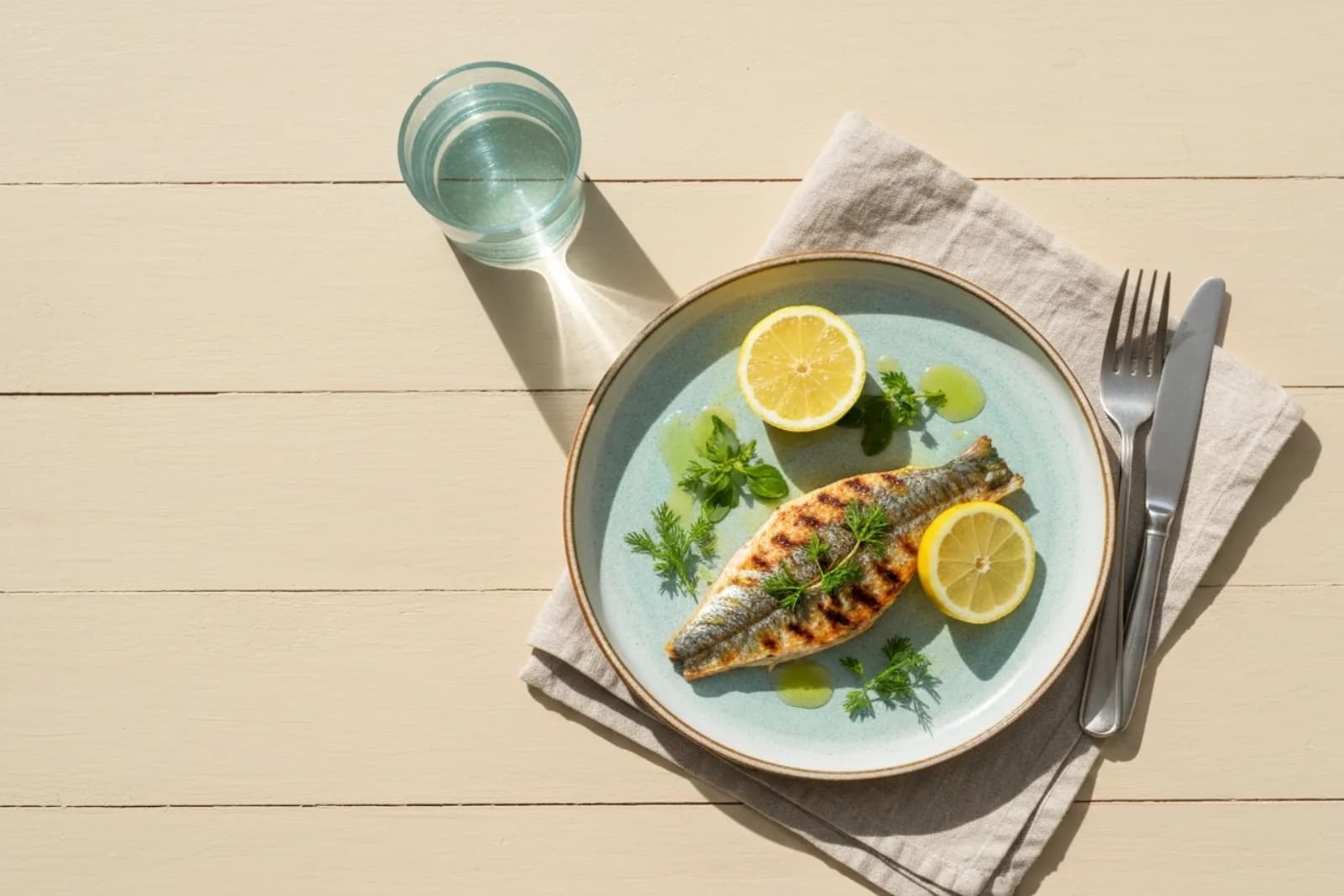 Grilled fish with lemon and herbs on a plate for nutrition and dietetics services in San Gwann, Malta.