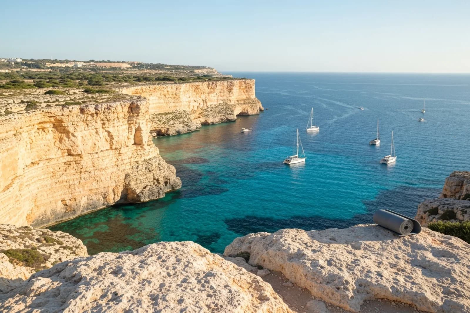 A yoga mat on rugged cliffs overlooking the turquoise sea with sailboats, perfect for outdoor wellness in Dingli, Malta.